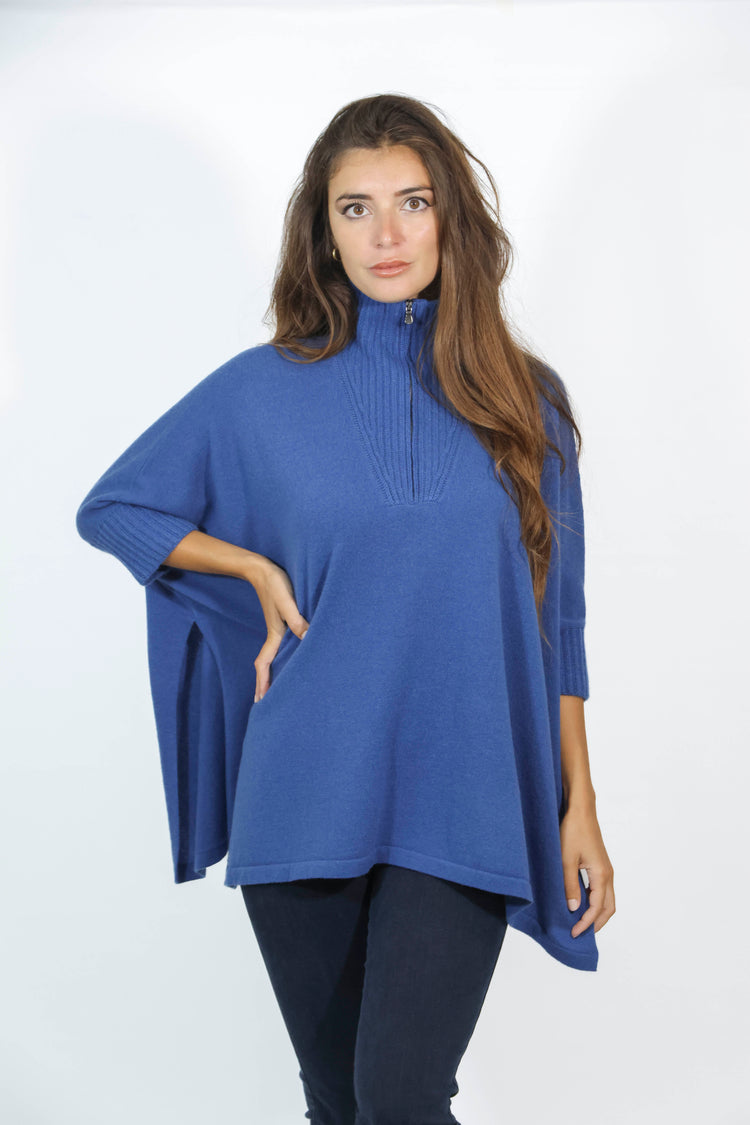 Pullover manica larga e collo con zip blu