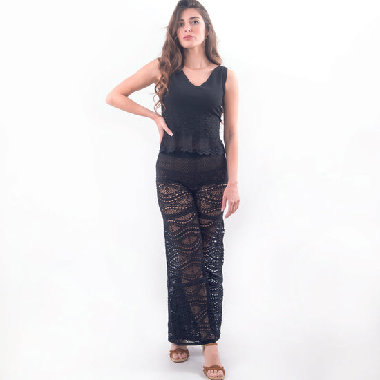 Pantalone in crochet ricamato nero