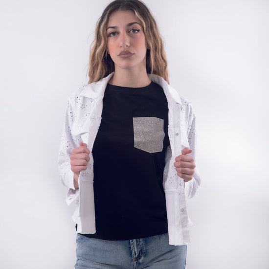 Giubbino jeans fantasia sangallo bianco