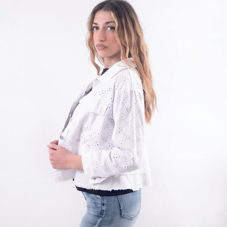 Giubbino jeans fantasia sangallo bianco