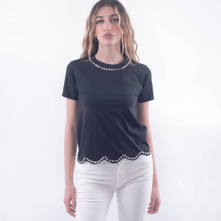 T-shirt in cotone nero con diamanti