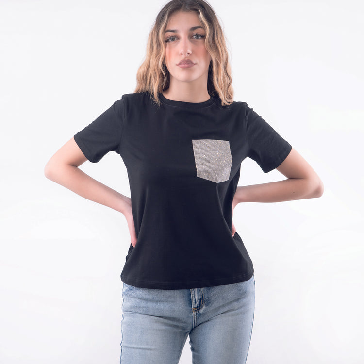 T-shirt in cotone taschino diamanti nero