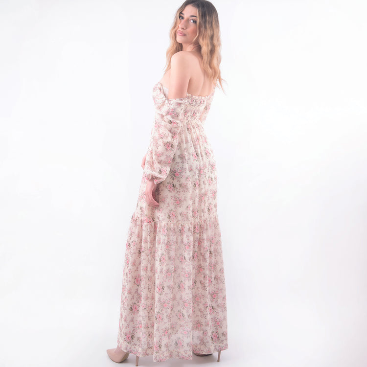 Abito lungo con sottoveste beige fiori