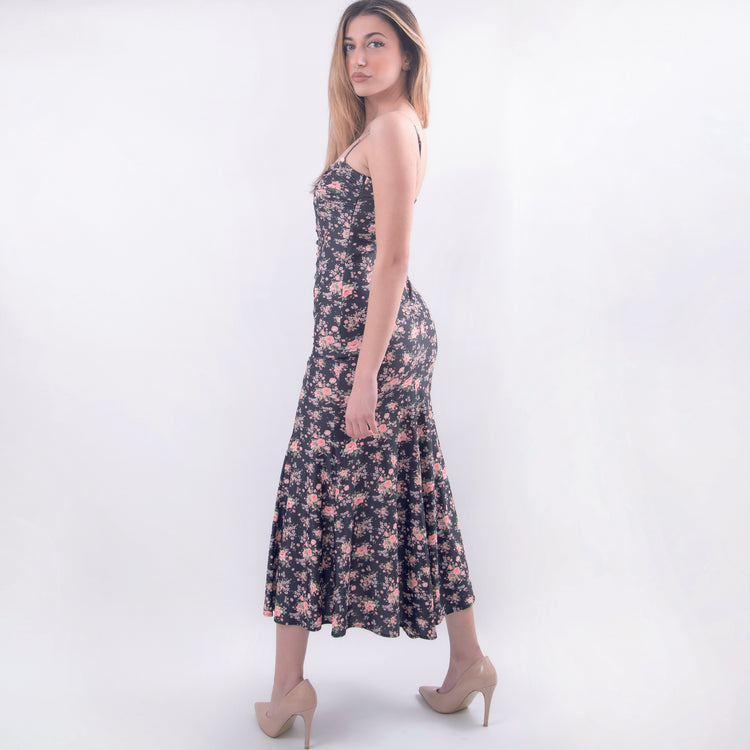 Abito lungo scollo V beige nero