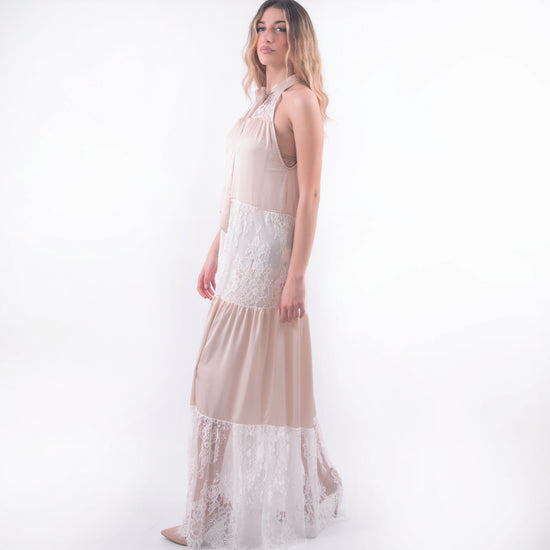 Abito con sottoveste smanicato beige e rosa