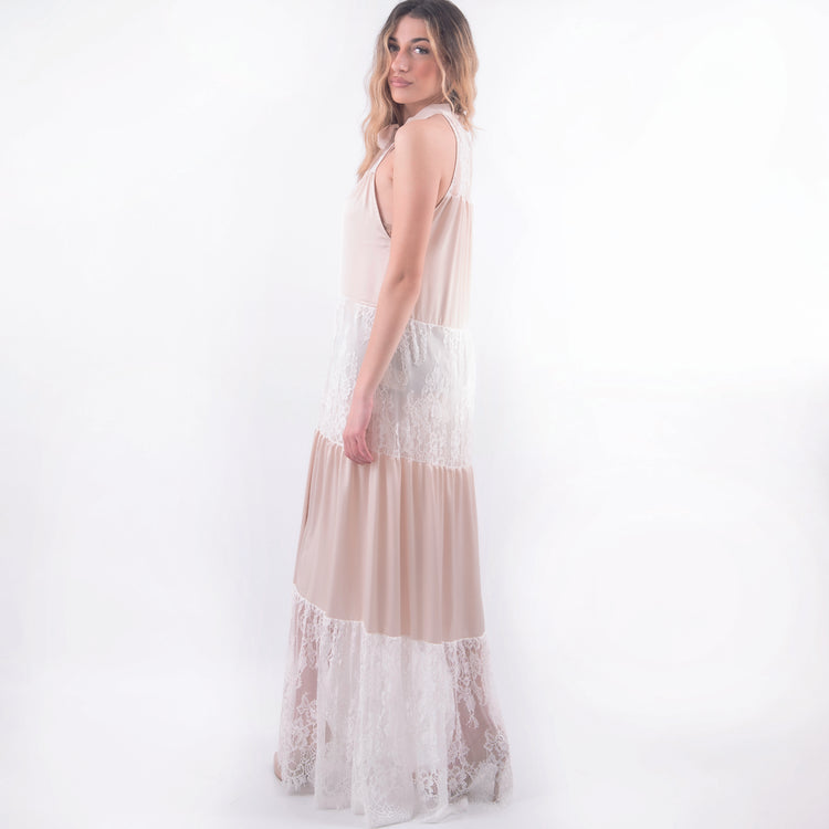 Abito con sottoveste smanicato beige e rosa