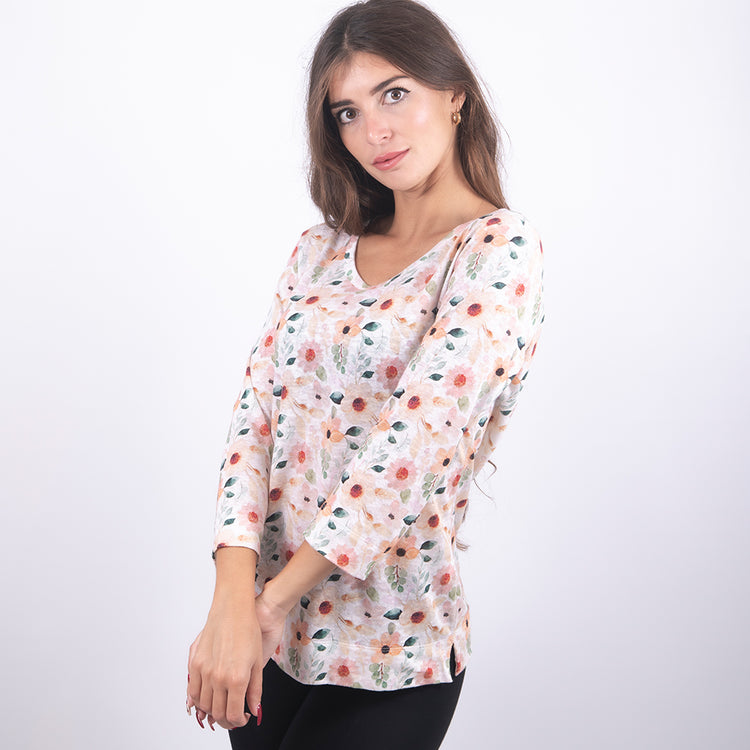 Maglia lino fantasia floreale bianco