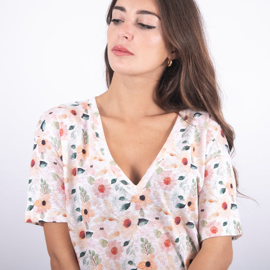 T-shirt in lino bianco fantasia floreale