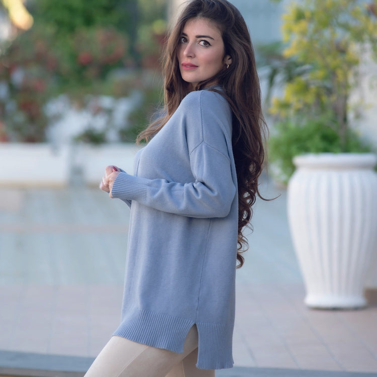 Maglione viscosa collo cratere celeste