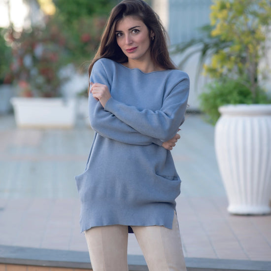 Maglione lungo con tasche viscosa celeste