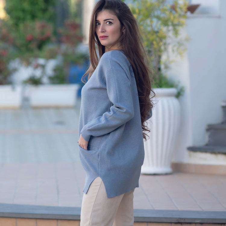 Maglione lungo con tasche viscosa celeste