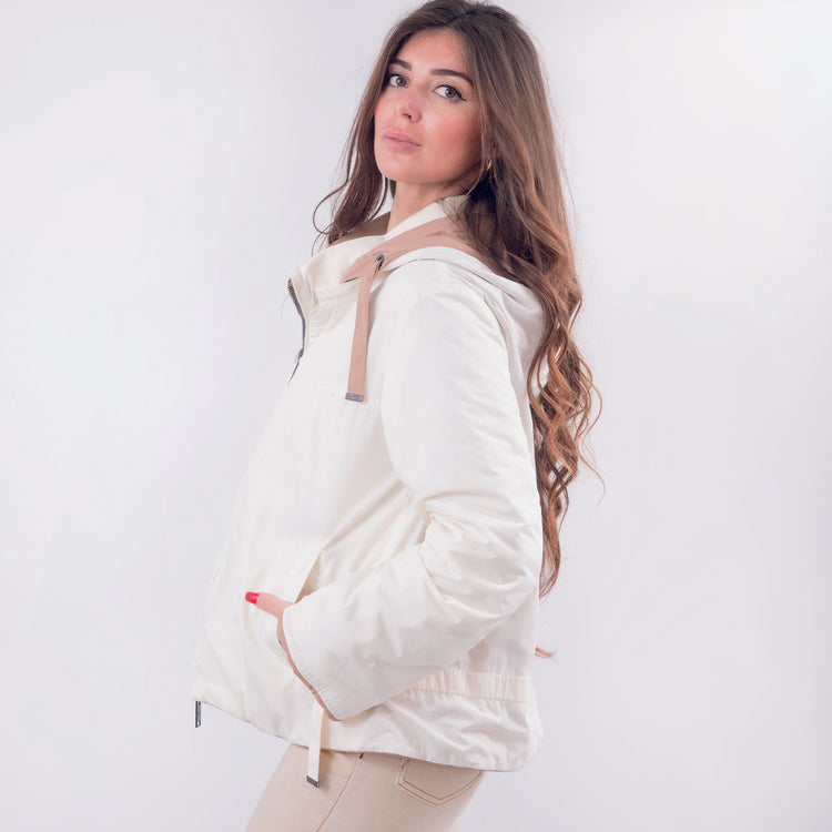 Piumino reversibile con cappuccio beige e bianco