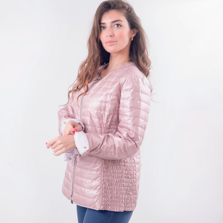 Piumino rosa in micropiuma senza collo