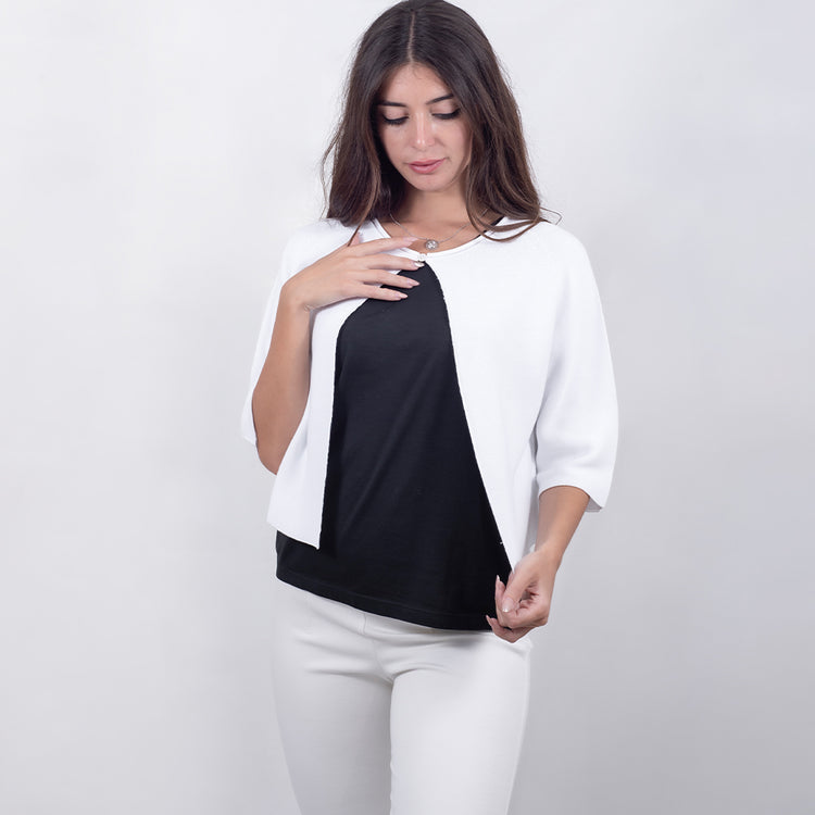 Cardigan bianco in cotone con bottoncino al collo