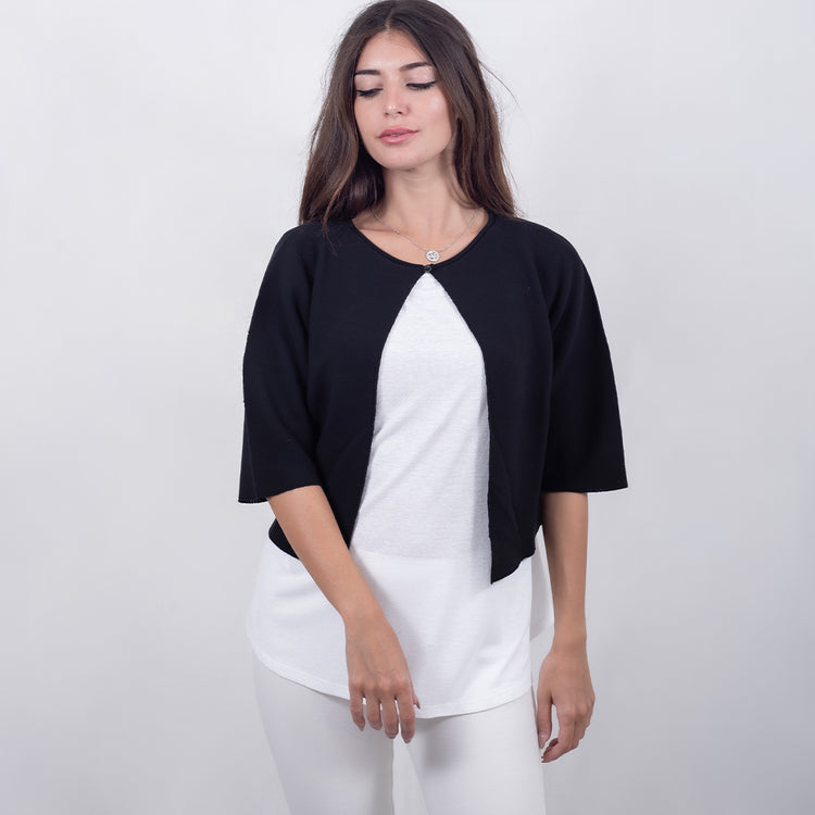 Cardigan nero in cotone con bottoncino al collo