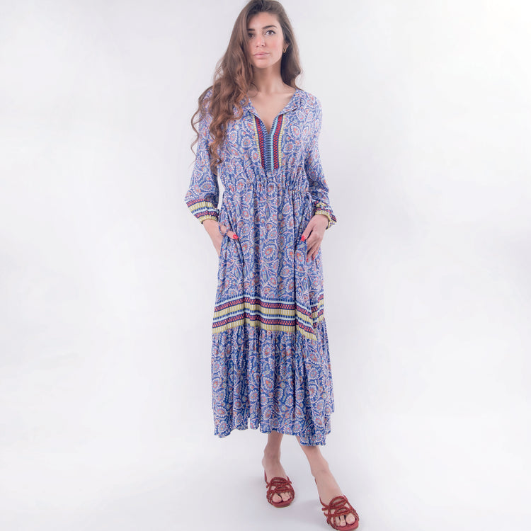 Caftano scollo V in viscosa blu