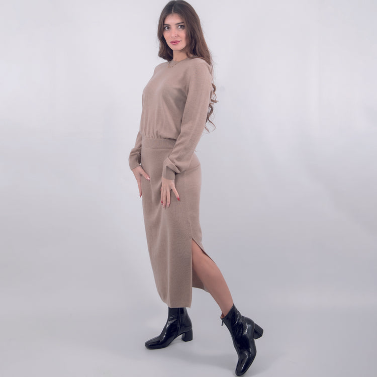 Abito in lana manica lunga beige
