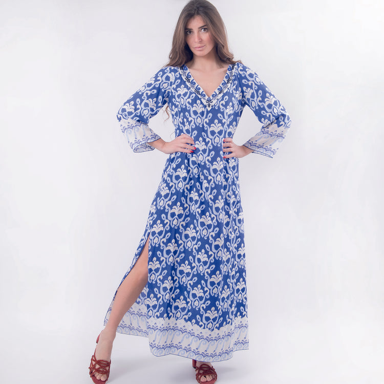 Caftano scollo V in viscosa blu