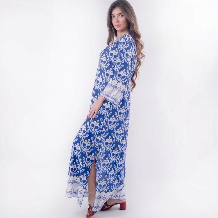 Caftano scollo V in viscosa blu