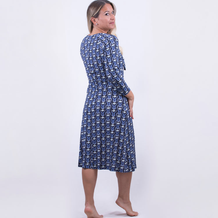Abito in viscosa stampata con fiocco sul davanti blu