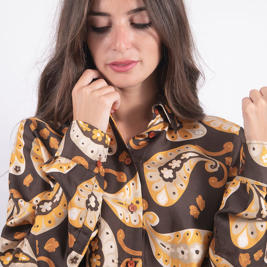Camicia di seta manica lunga marrone e giallo