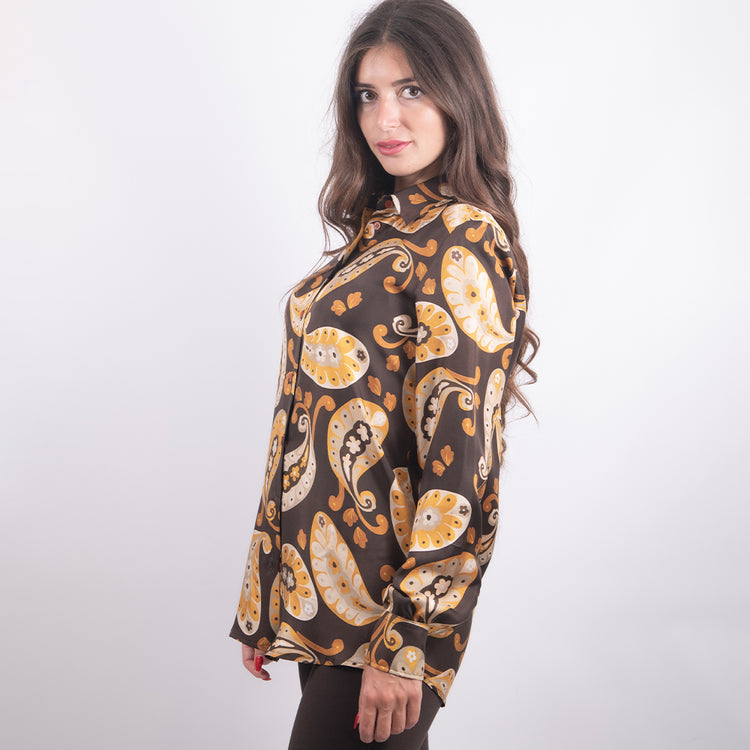 Camicia di seta manica lunga marrone e giallo