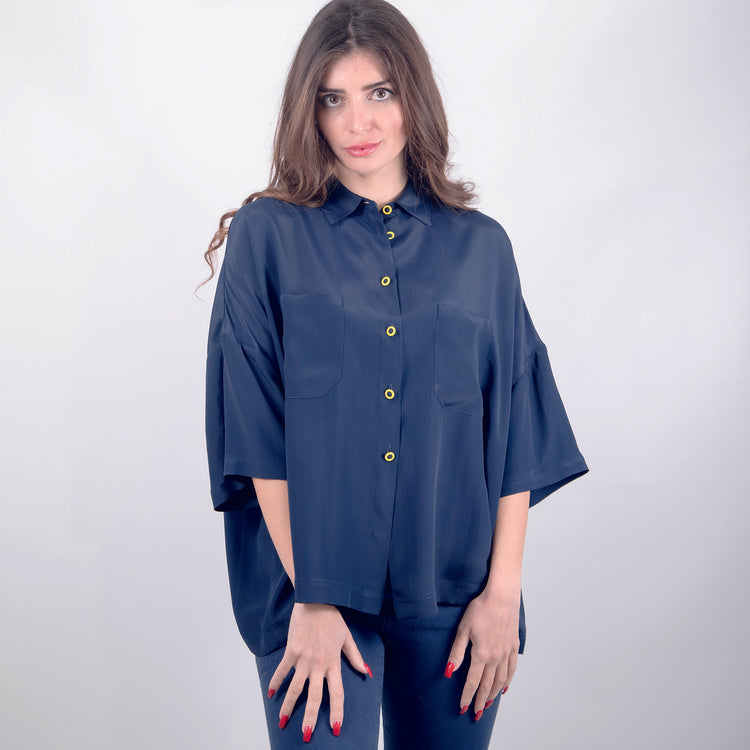 Camicia manica corta seta blu