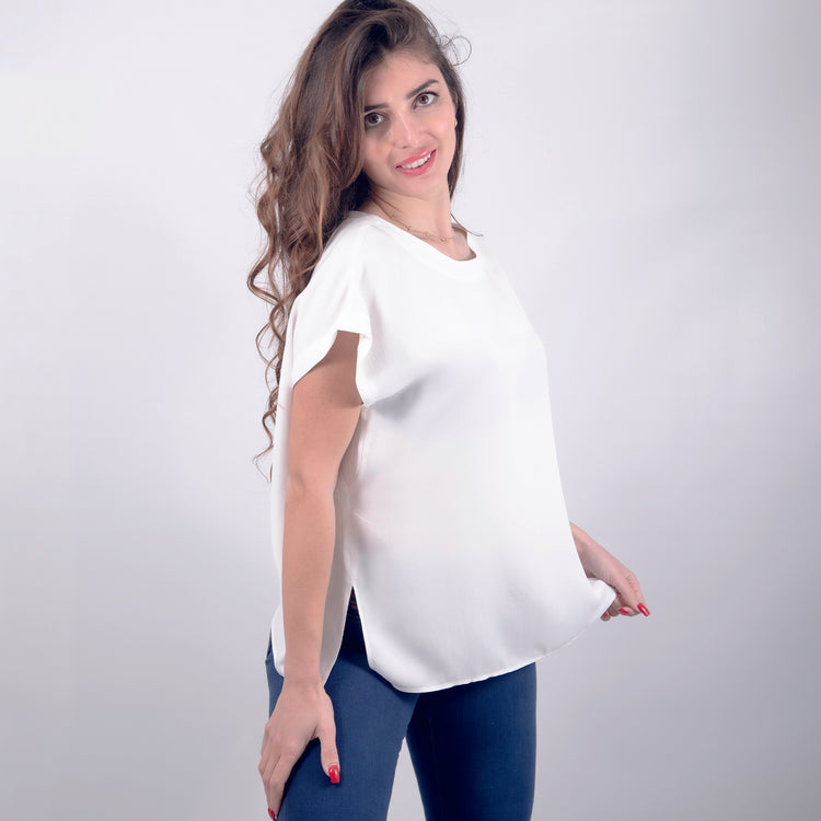 Camicia scollo rotondo seta bianco