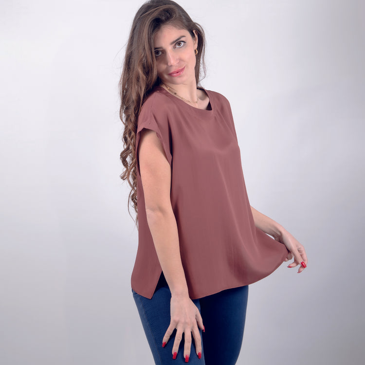 Camicia scollo rotondo seta marrone