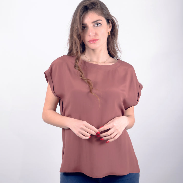 Camicia scollo rotondo seta marrone