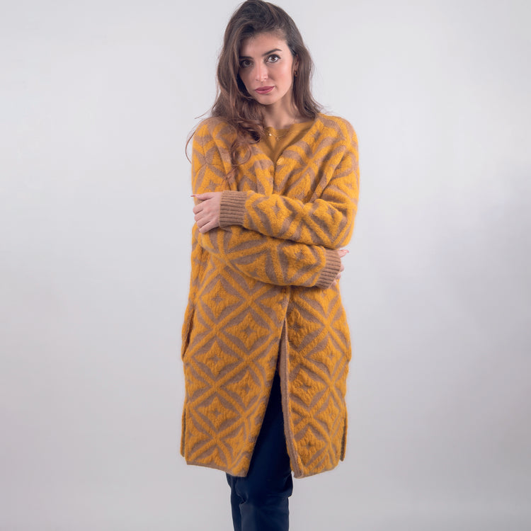 Cardigan girocollo in lana mohair giallo