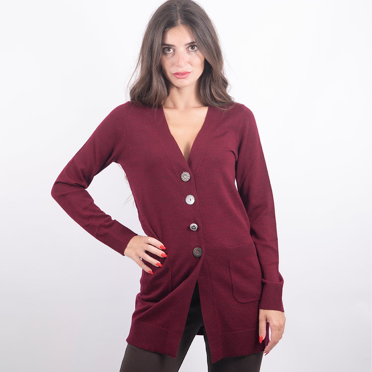 Cardigan in lana lungo scollo V bordeaux