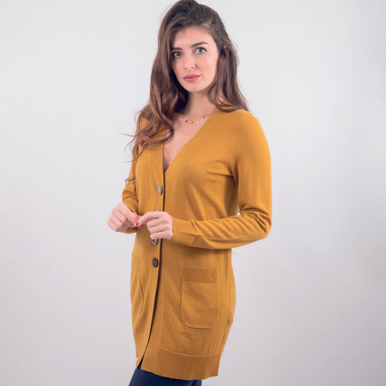 Cardigan in lana lungo scollo V giallo