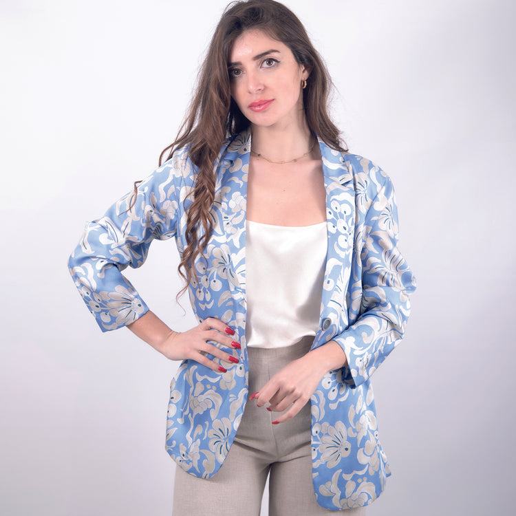 Giacca monopetto celeste fantasia fiori