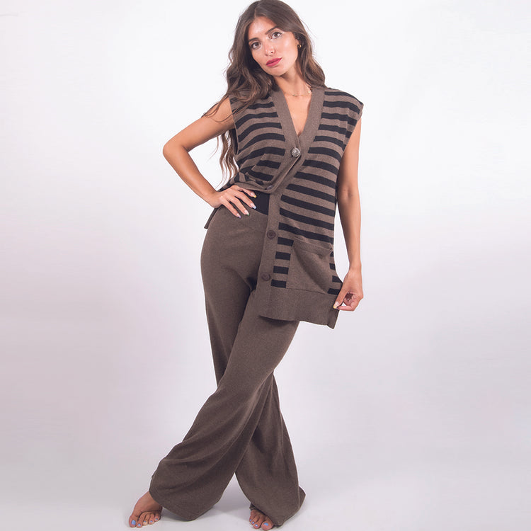 Gilet con spacchetti in viscosa marrone