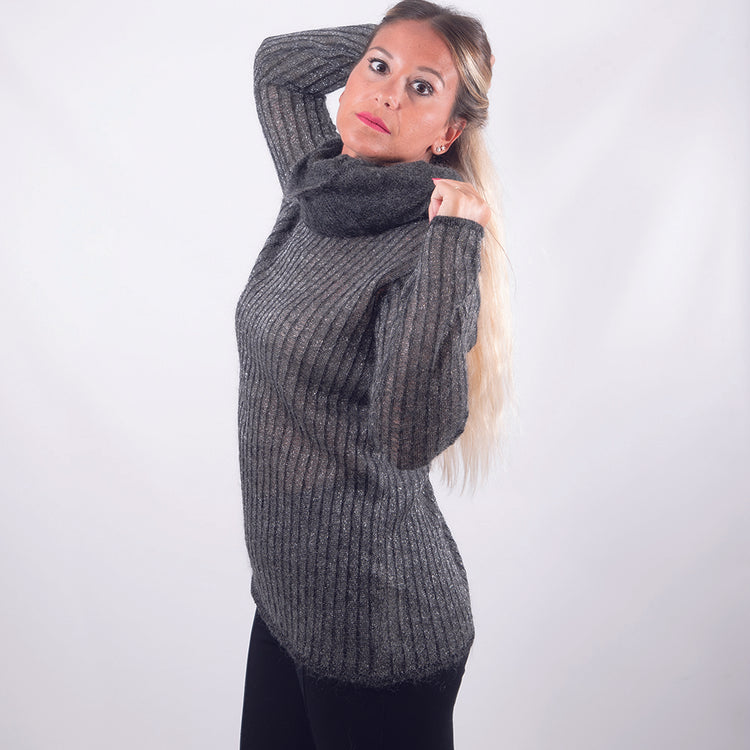 Maglia mohair lurex collo tondo grigio