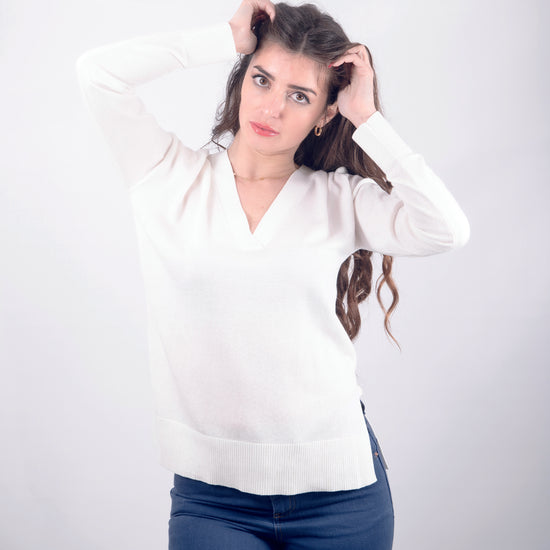 Maglia in cotone scollo V bianco