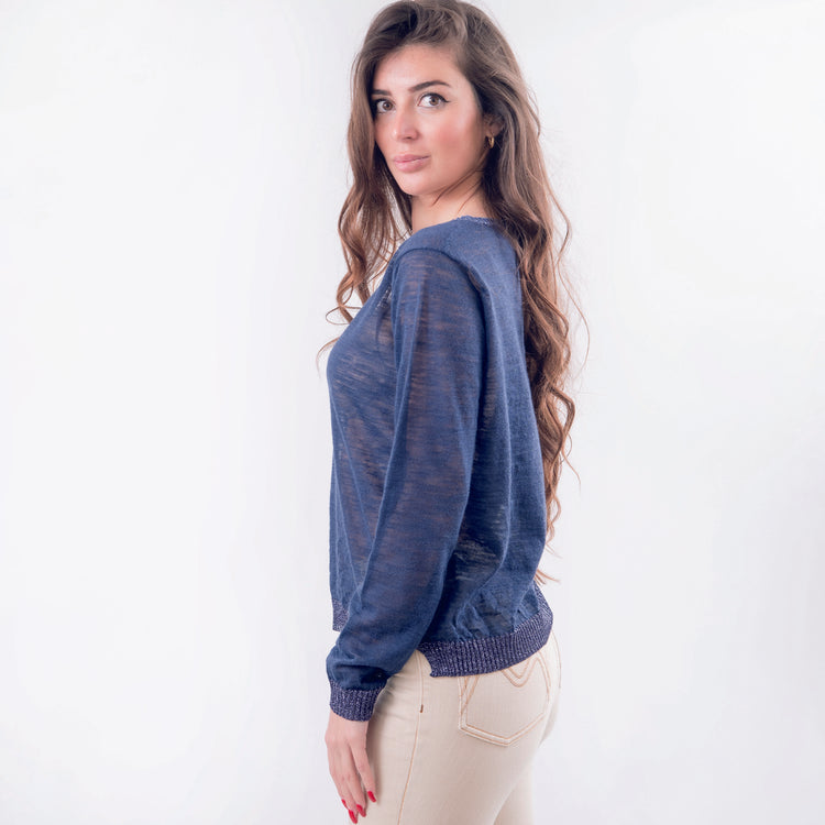 Maglia scollo V in lino blu