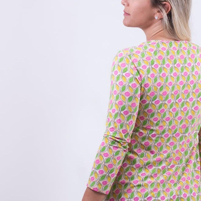 T-shirt caftano in jersey ultraleggero con nastro in jersey e nappine giallo
