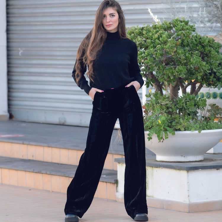 Pantalone viscosa e seta nero