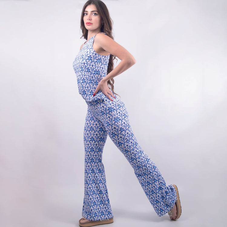 Pantalone zampa in jersey blu