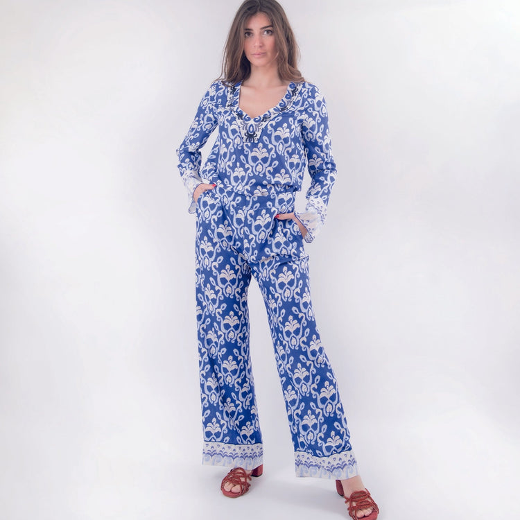 Pantalone in viscosa stampata blu
