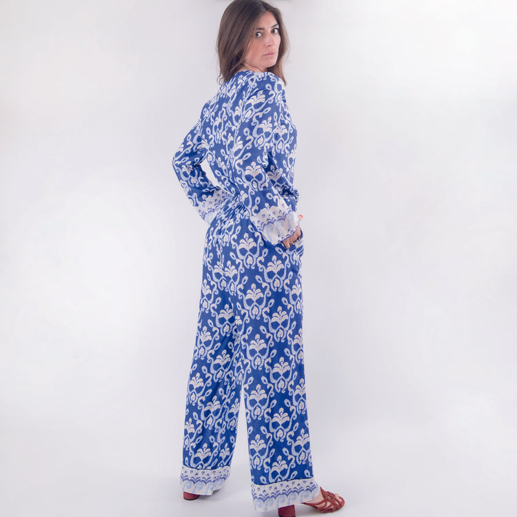 Pantalone in viscosa stampata blu