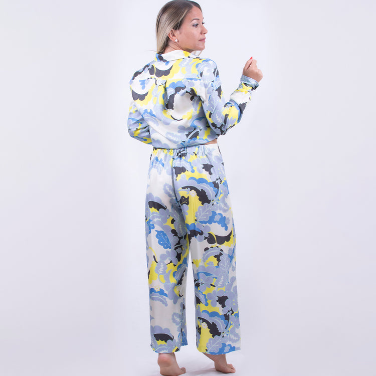 Pantalone gamba larga in leggerissimo twill di seta stampata