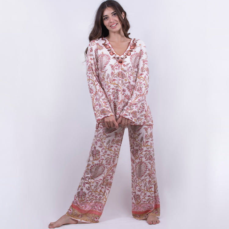 Pantalone gamba dritta in leggerissima viscosa stampata rosa
