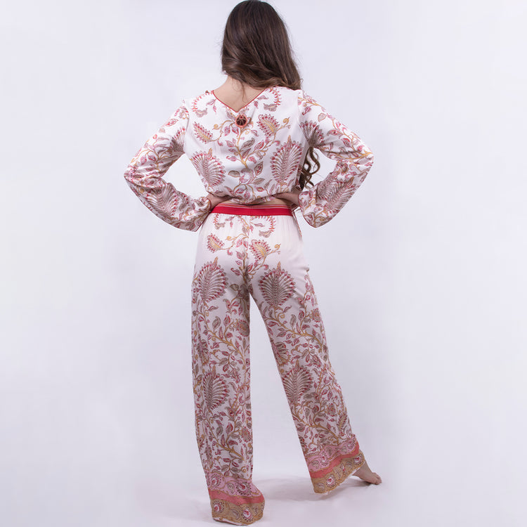 Pantalone gamba dritta in leggerissima viscosa stampata rosa