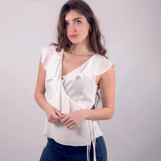 Top scollo V seta bianco