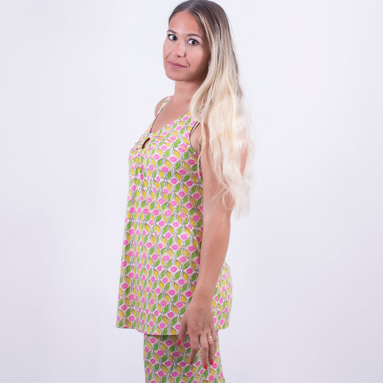 Top in jersey stampato con anello sul seno giallo