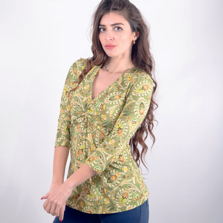 T-shirt scollo V manica tre quarti verde