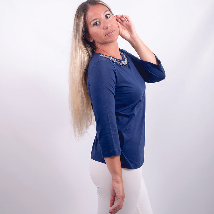 Tshirt manica tre quarti in cotone elasticizzato blu